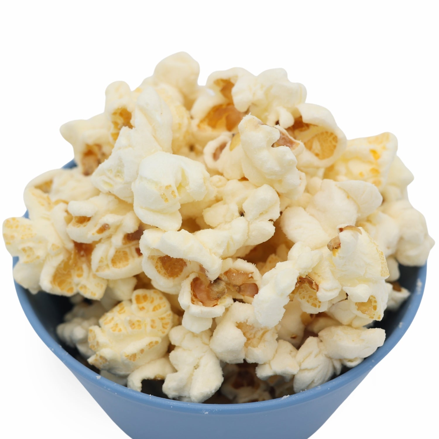 Blue bowl filled with popcorn on a white background